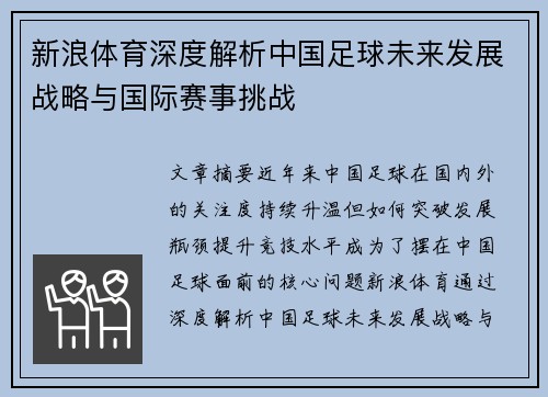 新浪体育深度解析中国足球未来发展战略与国际赛事挑战 新浪体育深度解析中国足球未来发展战略与国际赛事挑战