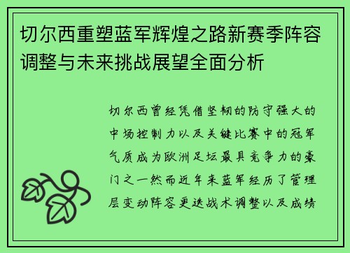 切尔西重塑蓝军辉煌之路新赛季阵容调整与未来挑战展望全面分析